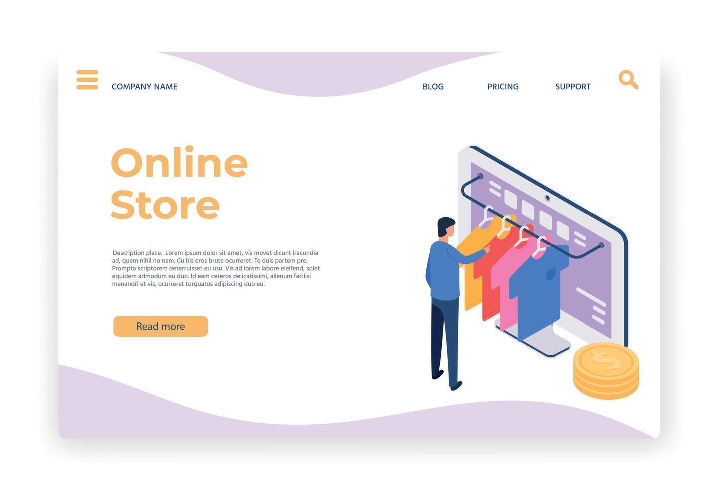 Isometric online shopping. Man choosing t-shirt in internet on desktop computer. Customer purchasing clothing in shop vector