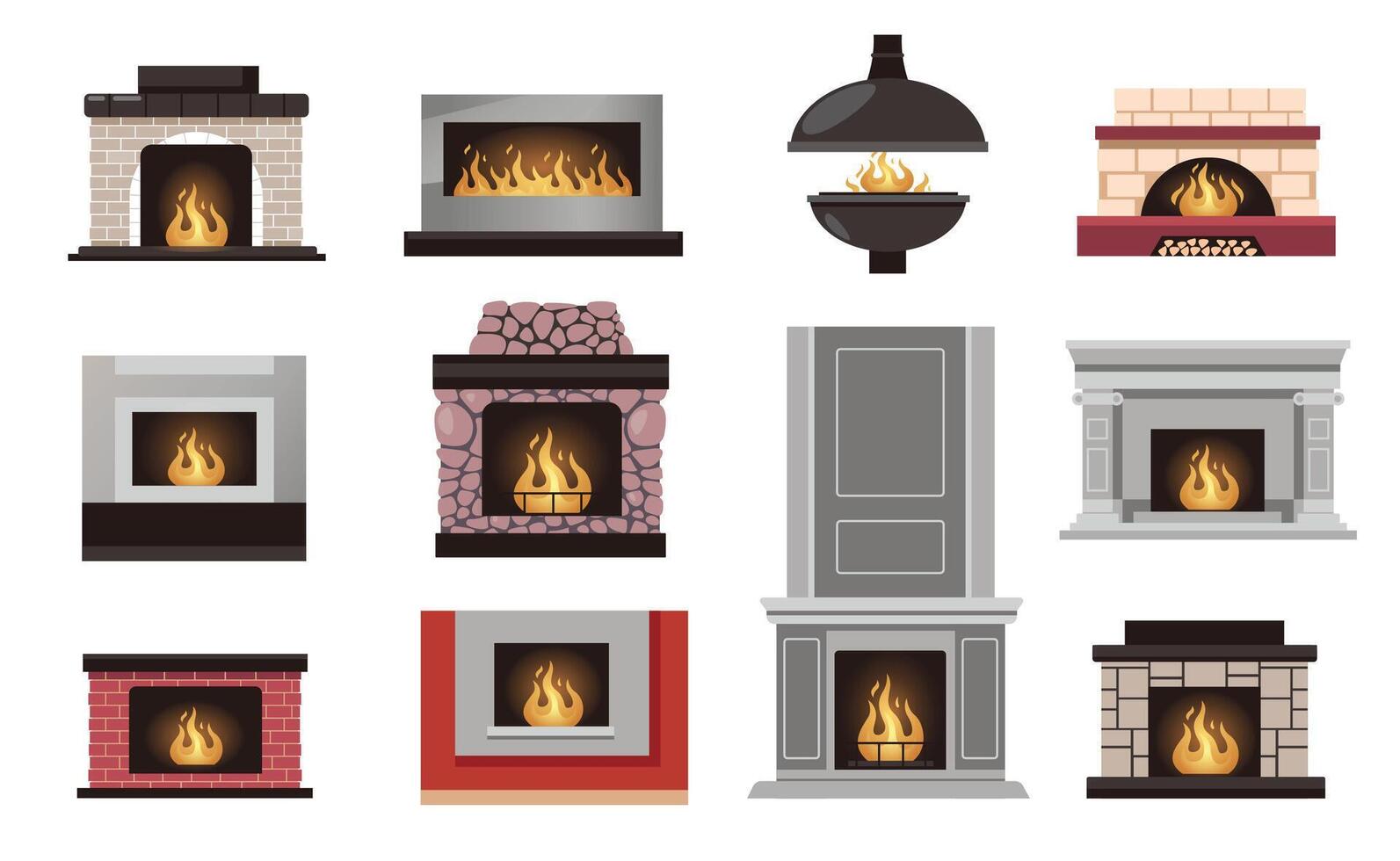 Home fireplace collection. Cartoon house hearth with grate and firewood flame, flat electric coal gas bio-fuel stove cozy winter relaxation. Vector set