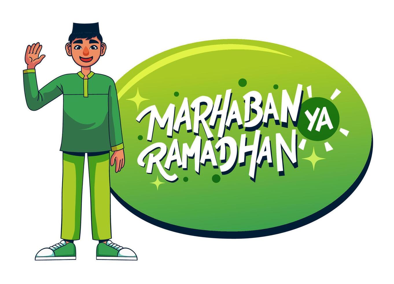 marhaban ya ramadhan saludo con mano letras y musulmán chico ilustración vector