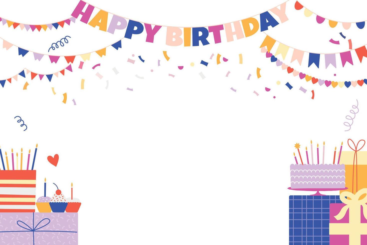 Birthday decoration background. Happy holiday greetings card with falling balloons, colorful ribbons and confetti. Vector party banner