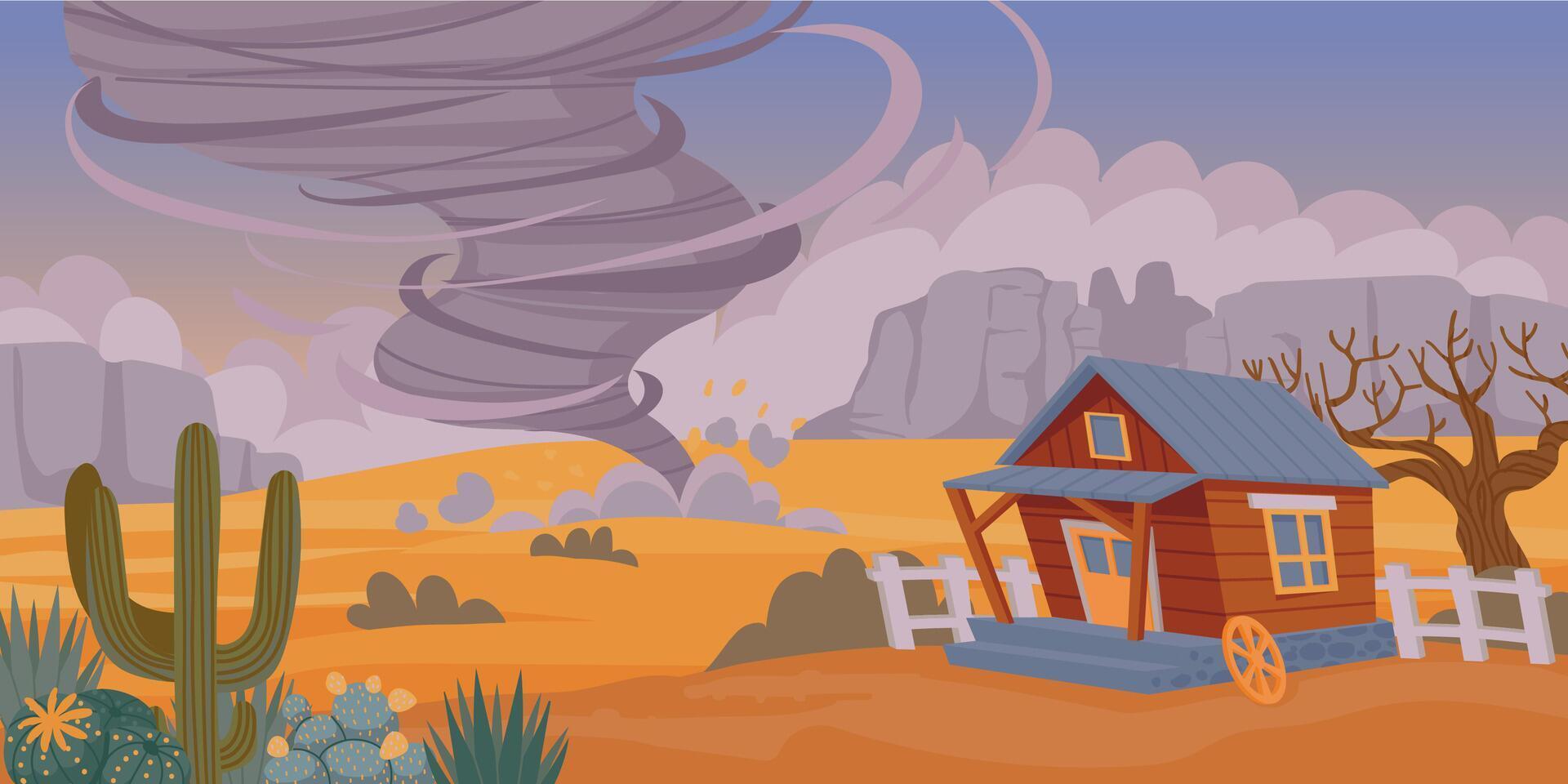 Tornado in desert. Cartoon sand storm natural disaster, desert landscape with old rustic house and air funnel. Vector background