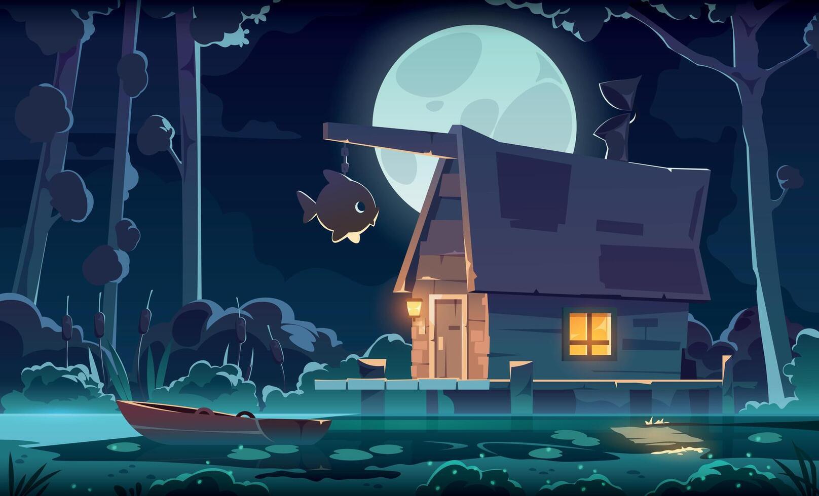 Night swamp fantasy background. Cartoon forest with wooden cabin standing on marsh, mystic swamp landscape with witch house. Vector game art illustration