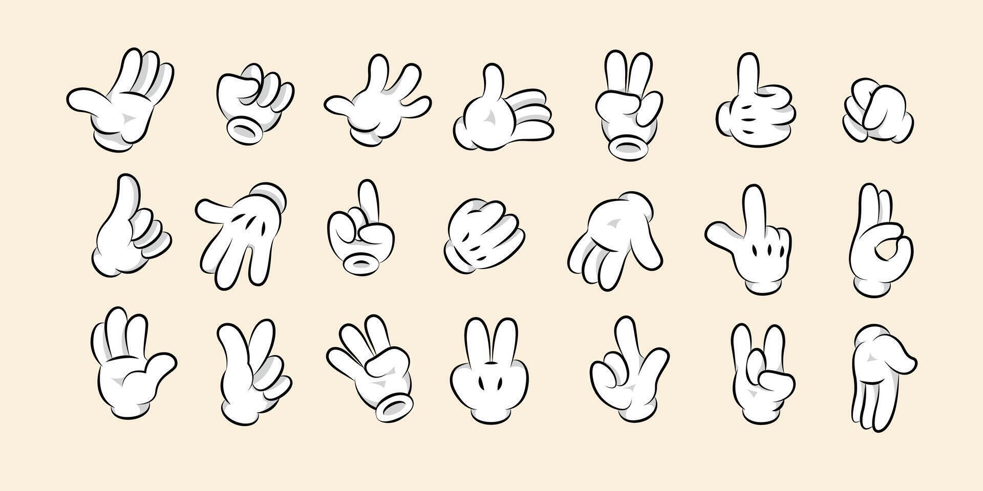 Cartoon white gloves. Hand comic gestures and signals, retro cartoon character arm icons, cute hand cursor in various poses. Vector isolated set