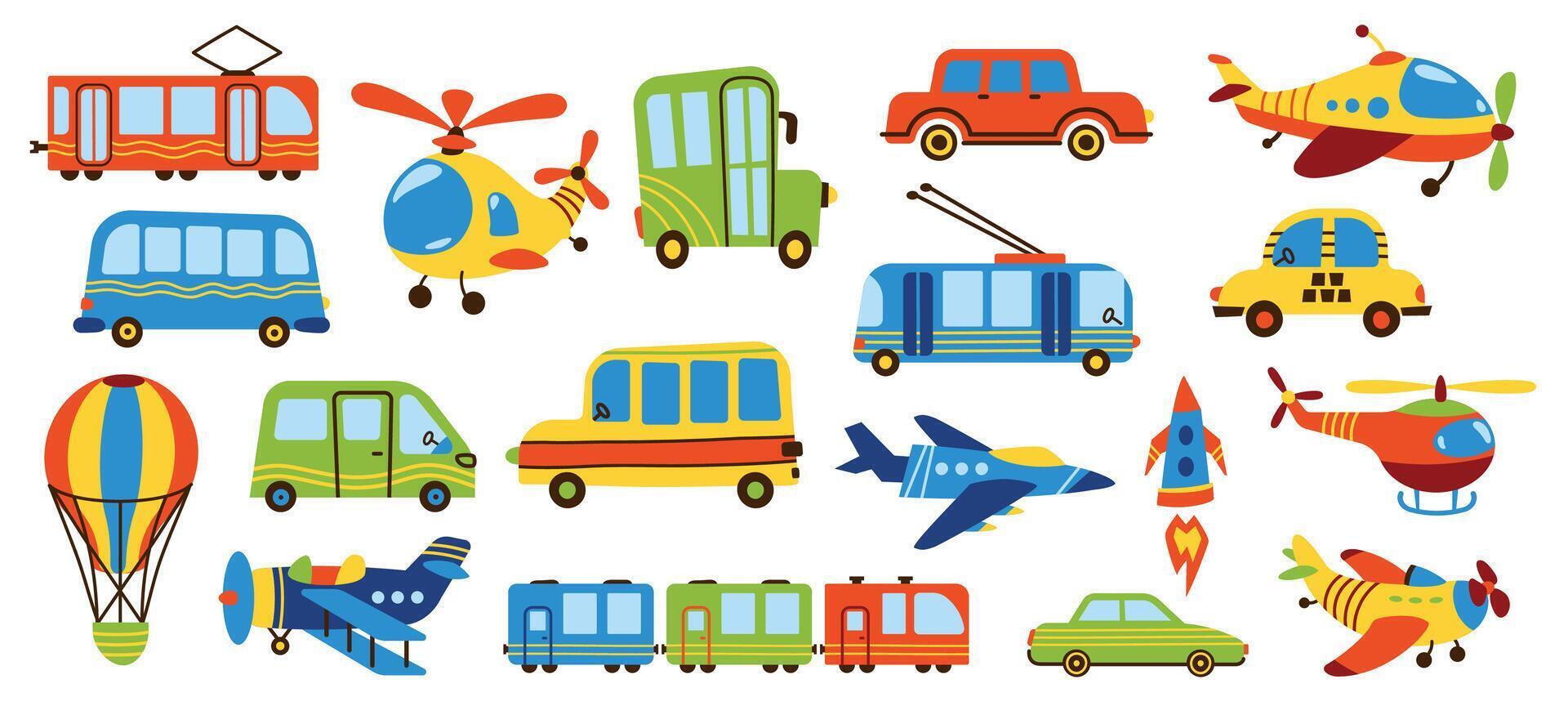 infantil transporte. linda dibujos animados tren Taxi coche avión dirigible caliente aire globo, conjunto de gracioso plano la carretera vehículo juguetes garabatear estilo. vector aislado colección