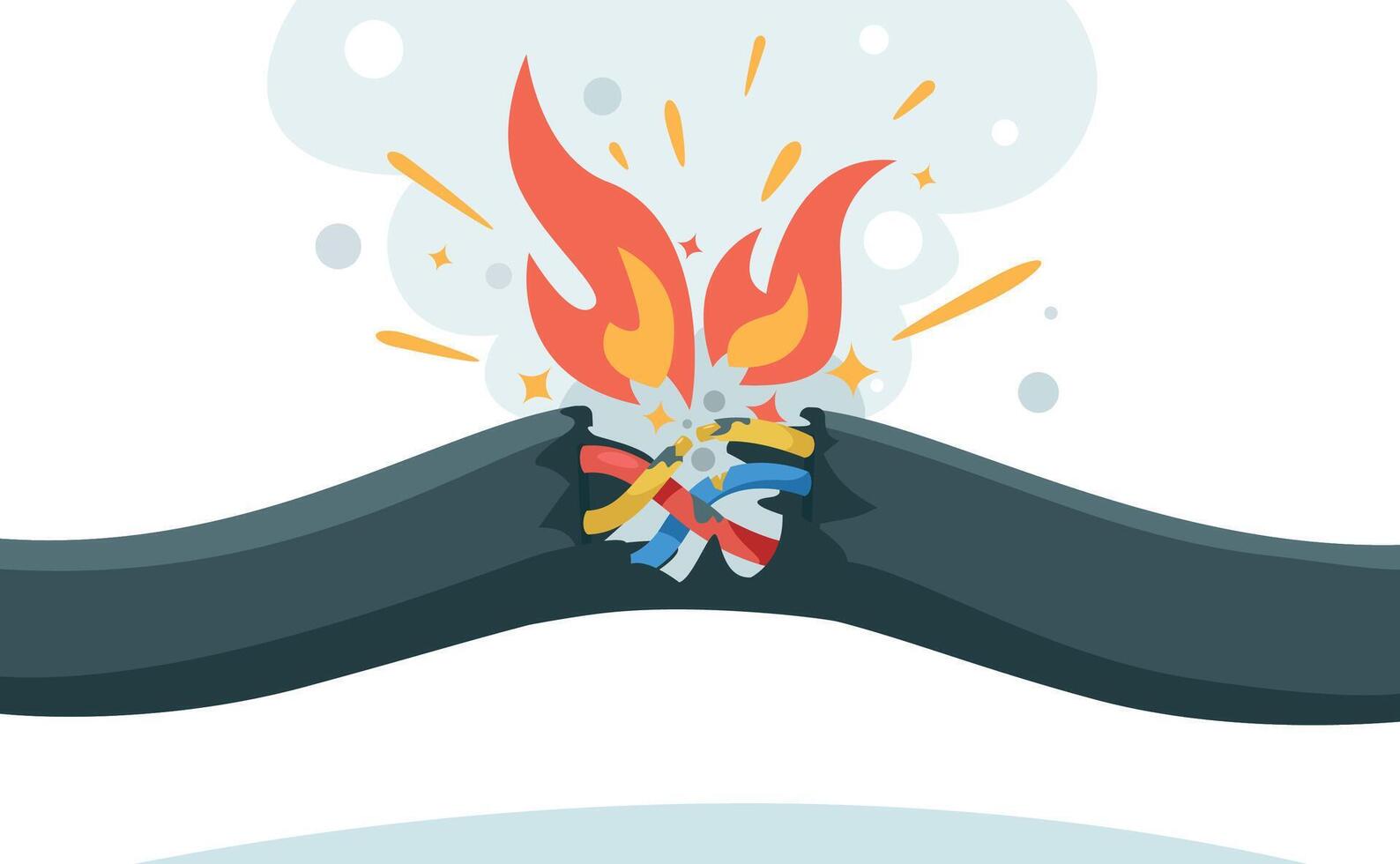 Cable short circuit. Electric wiring problem with damaged insulation, electric cable overload, fire hazard and smoke. Vector emergency isolated illustration