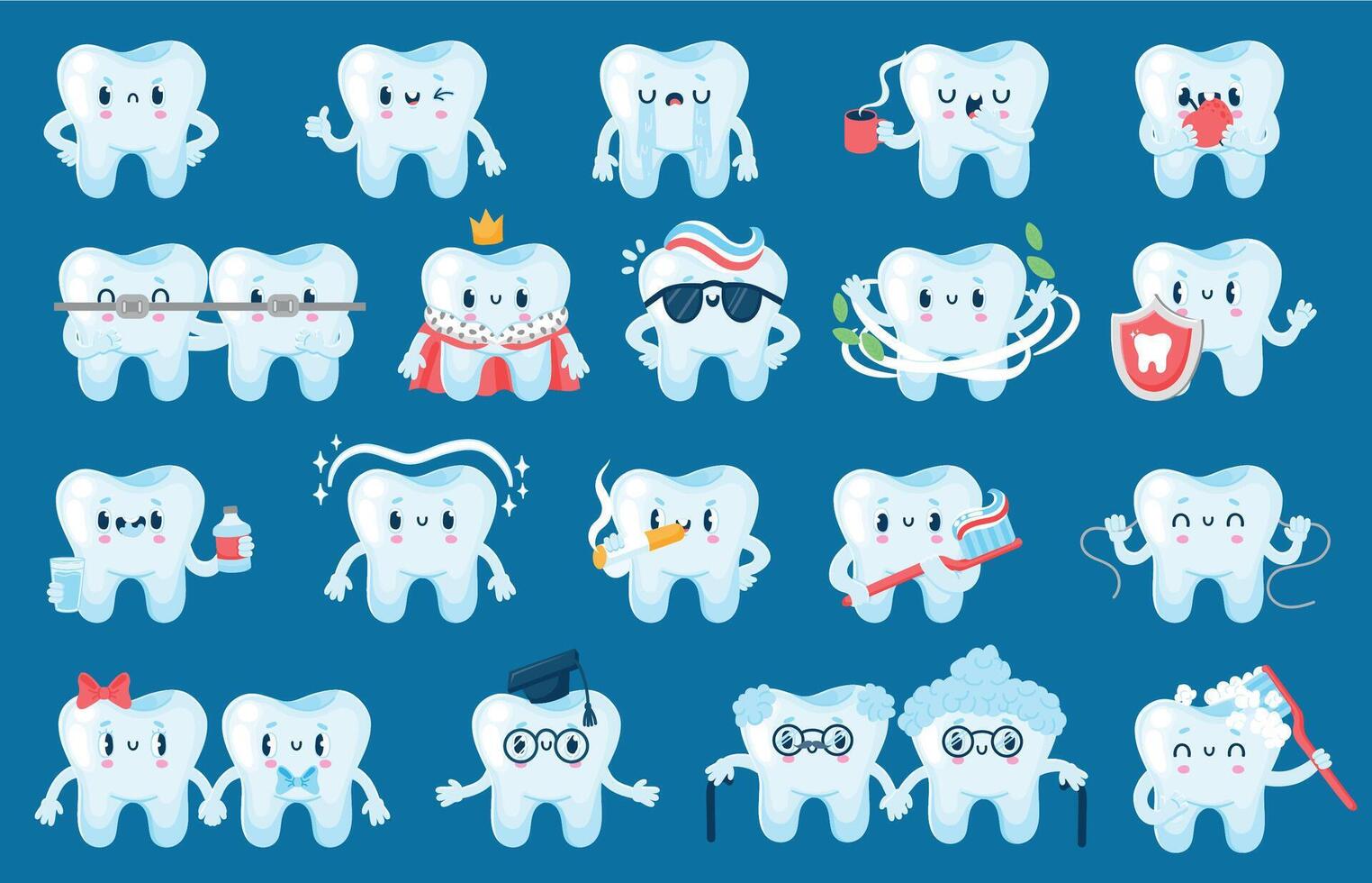 Tooth care character. Cute cartoon teeth with happy faces for dental health posters and banners. Vector funny tooth mascot with toothbrush and dental floss isolated set