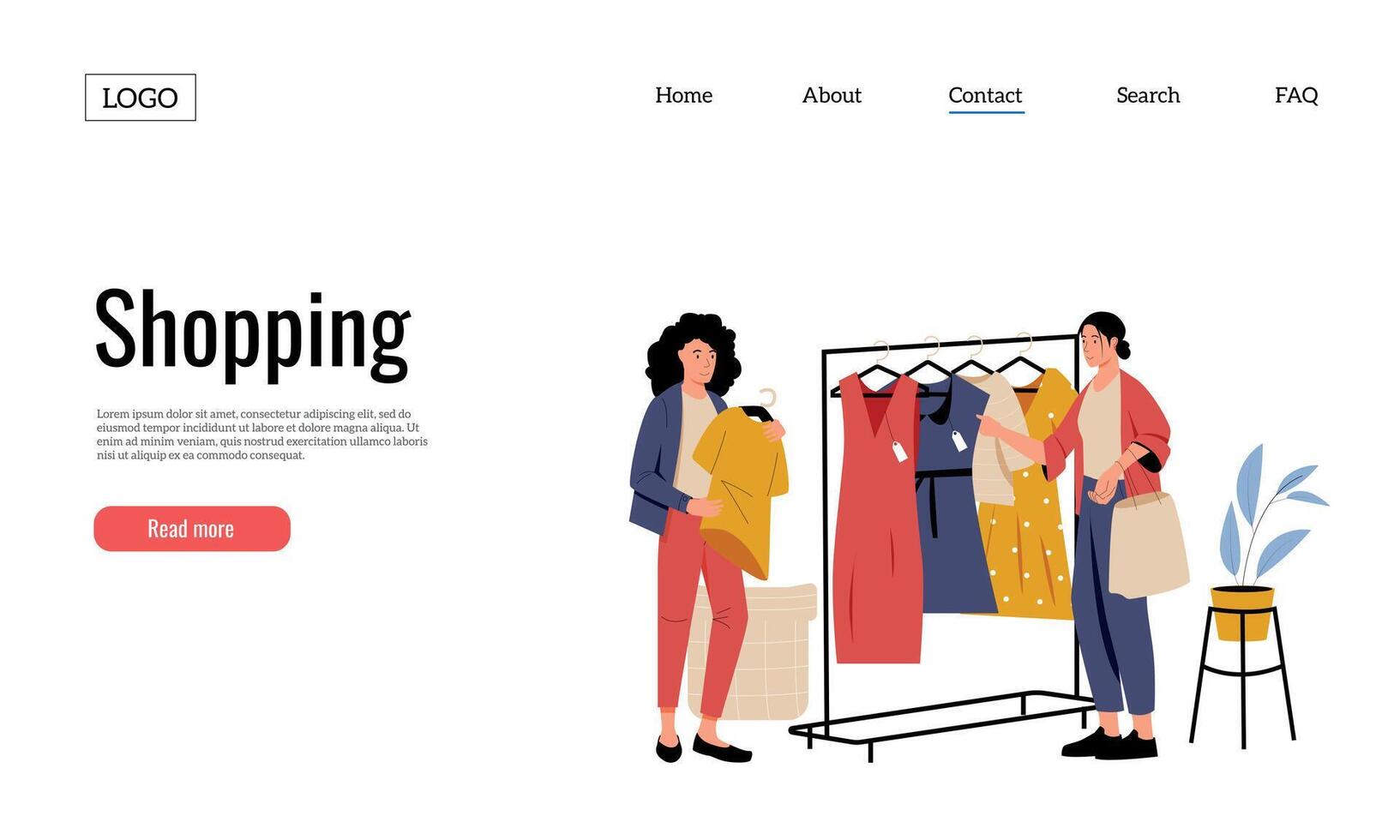 Clothing shop landing page. Female client coming to store, choosing outfit. Dresses and tops on hangers. Cartoon seller vector