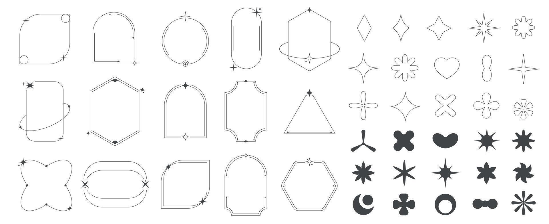 Trendy line geometric shapes. Abstract modern outline forms, minimal brutalist silhouettes, retro cosmic sign symbol flat style vector collection