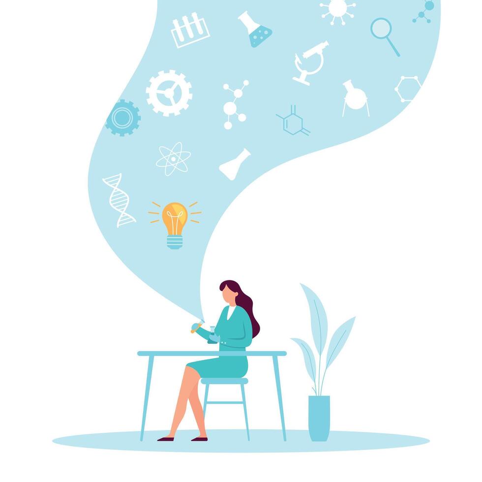 Science learning. Woman sitting at table in blue lab coat doing scientific experiments. Female character holding test tubes and flask vector