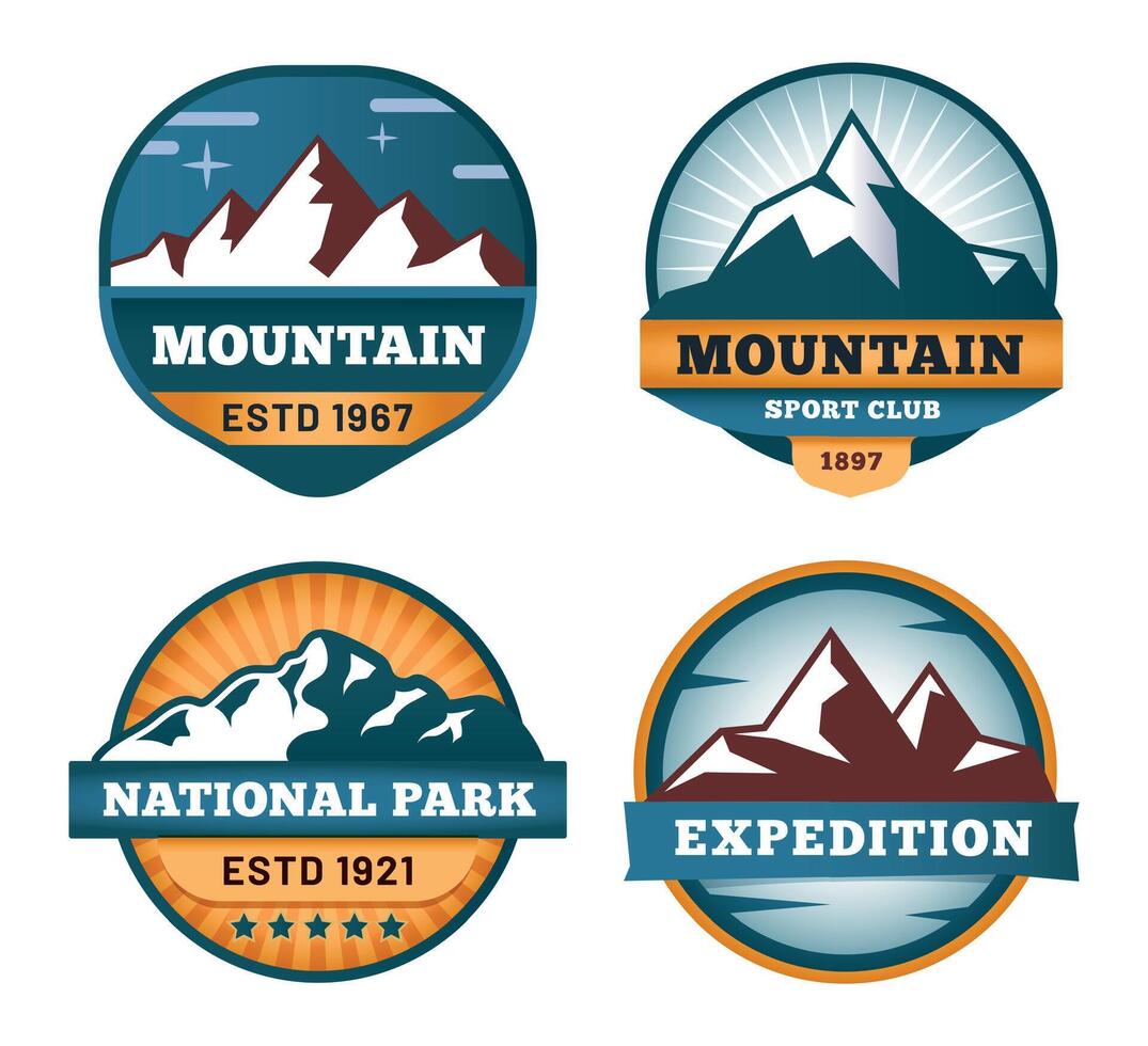 Mountain labels. Snowy rock tops, outdoor adventure emblems. Sport club or expedition badges. Wildlife hiking vector