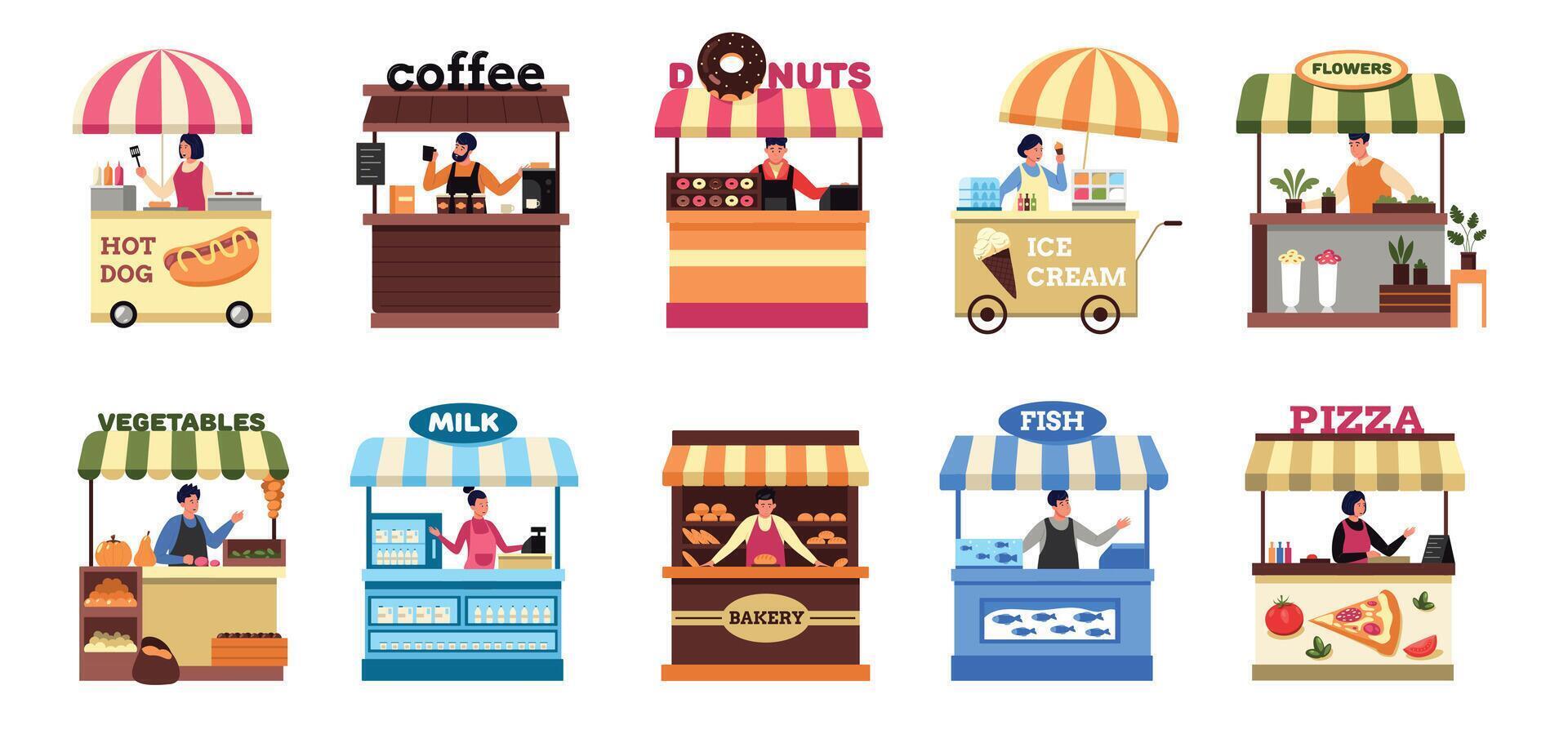 Street vendors. Farm local market food booth and stall with seller, set of fruit vegetable kiosk stands and fish trolley flat cartoon style. Vector collection