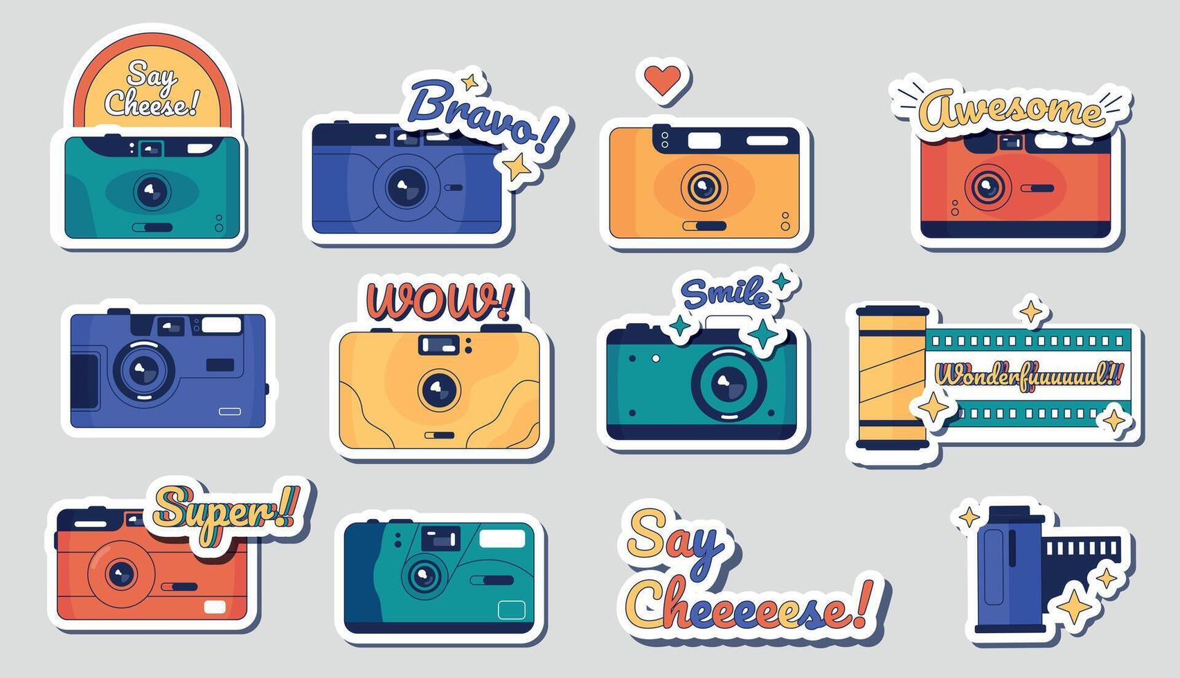 Camera stickers. Retro movie and photography camera badge, vintage film strip and photo accessory. Vector camera doodle set