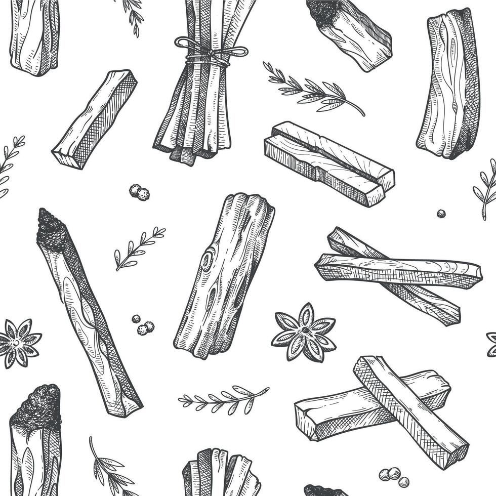 Palo santo pattern. Seamless print of folklore ritual burning stick, hand drawn aroma wood pile for fabric wallpaper. Vector texture