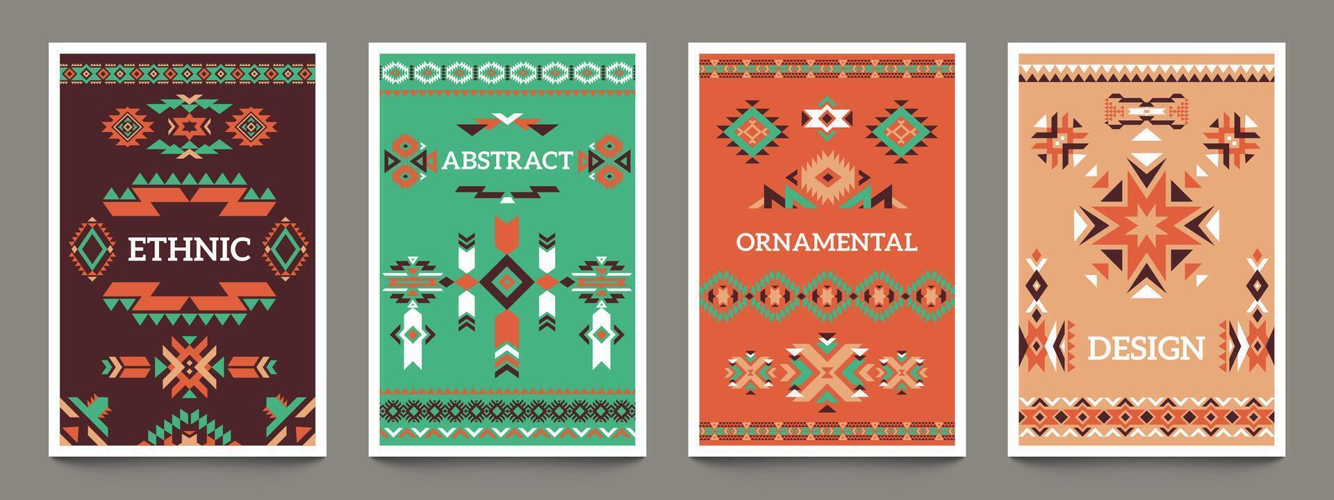 Aztec geometric posters. Ethnic mexican tribe ornament, ancient indian abstract design for card flyer cover print. Vector modern set