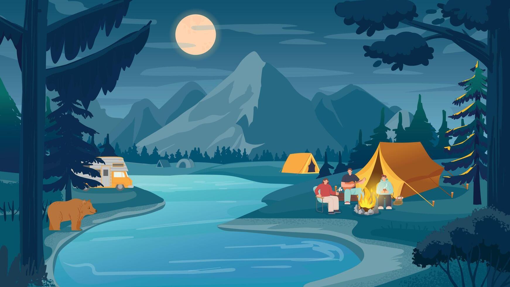 Mountain night camping, nature landscape near river vector