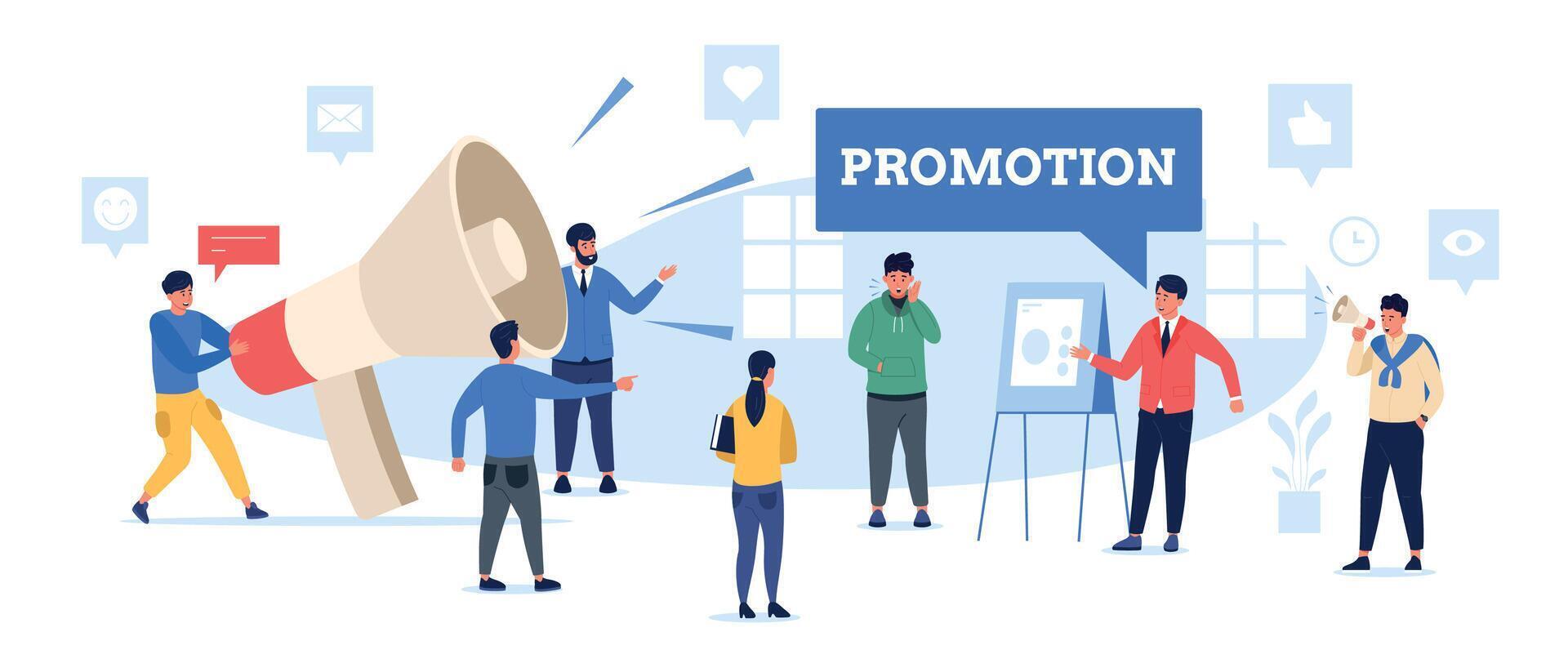 Promotion loudspeaker concept. People with megaphone promote announce, public speaking digital marketing presentation banner design. Vector illustration