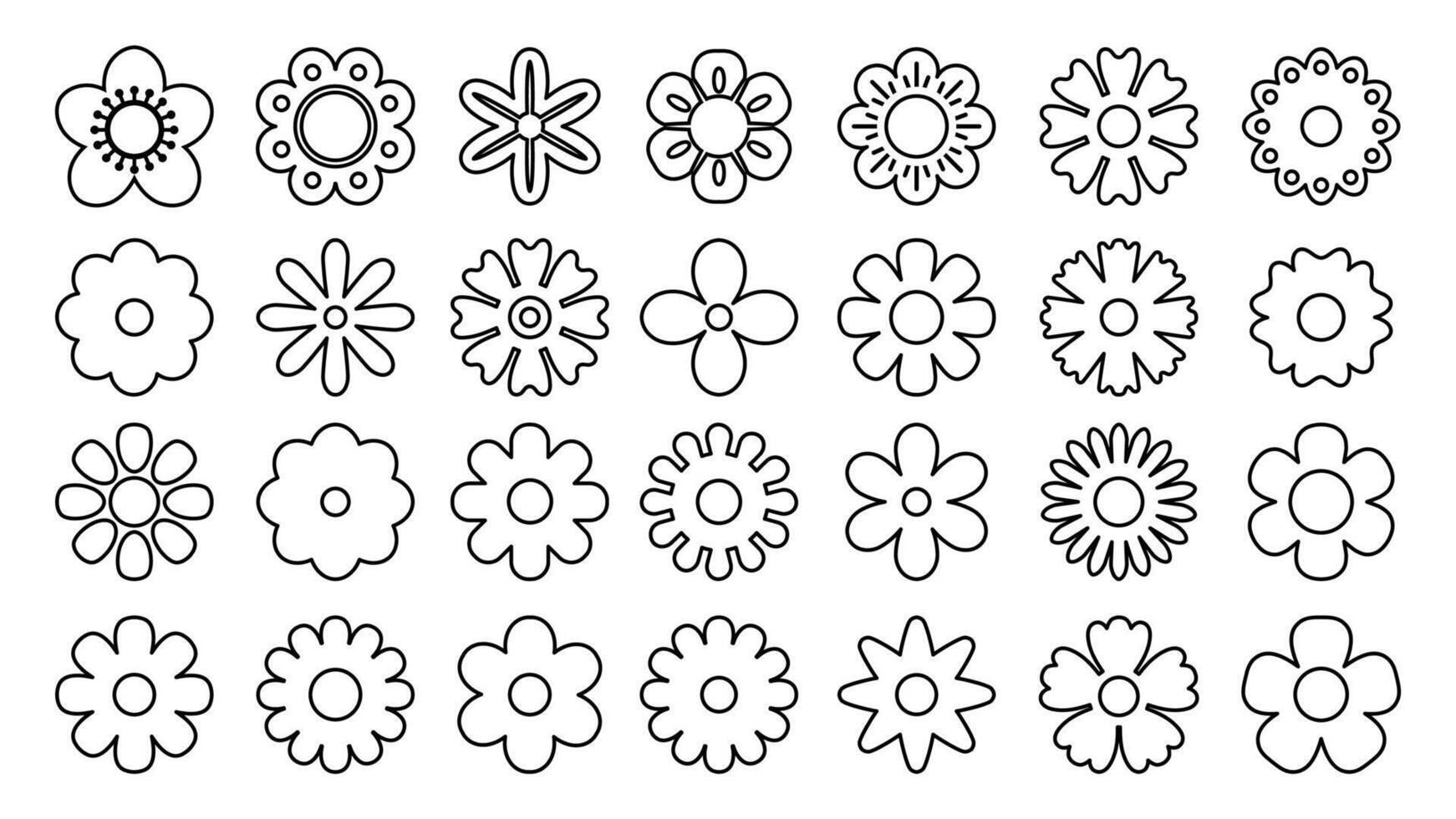 Line flower symbols. Simple geometric daisy and chamomile abstract symbols, different shapes of flowers logo. Vector thin outline decorative elements set