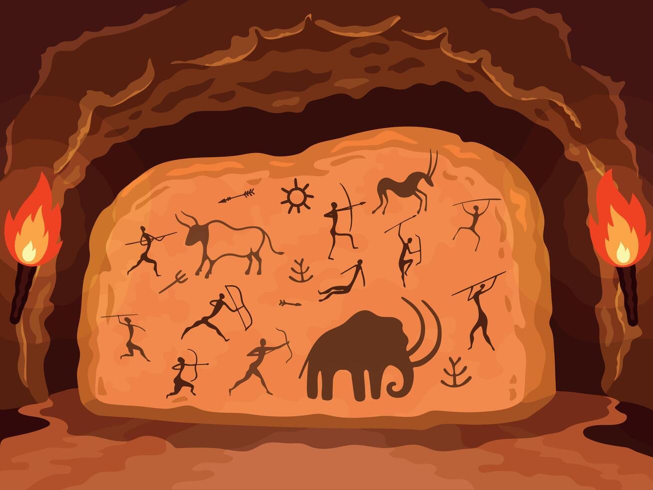 Prehistoric painting. Primitive drawing on stone wall of cave, ancient symbols of hunters, animals and ornamental elements. Vector carvings on rock illustation