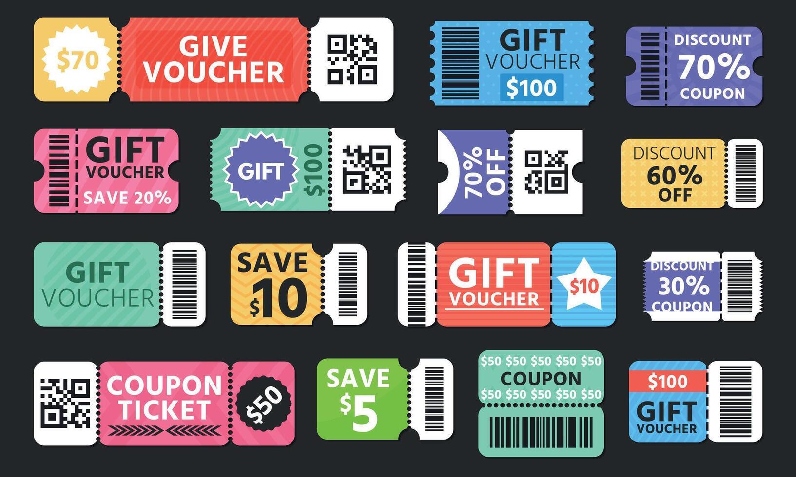 Gift voucher set. Retro vintage raffle stickers with offer code, discount code, free ticket, offer banner and UI elements. Vector collection