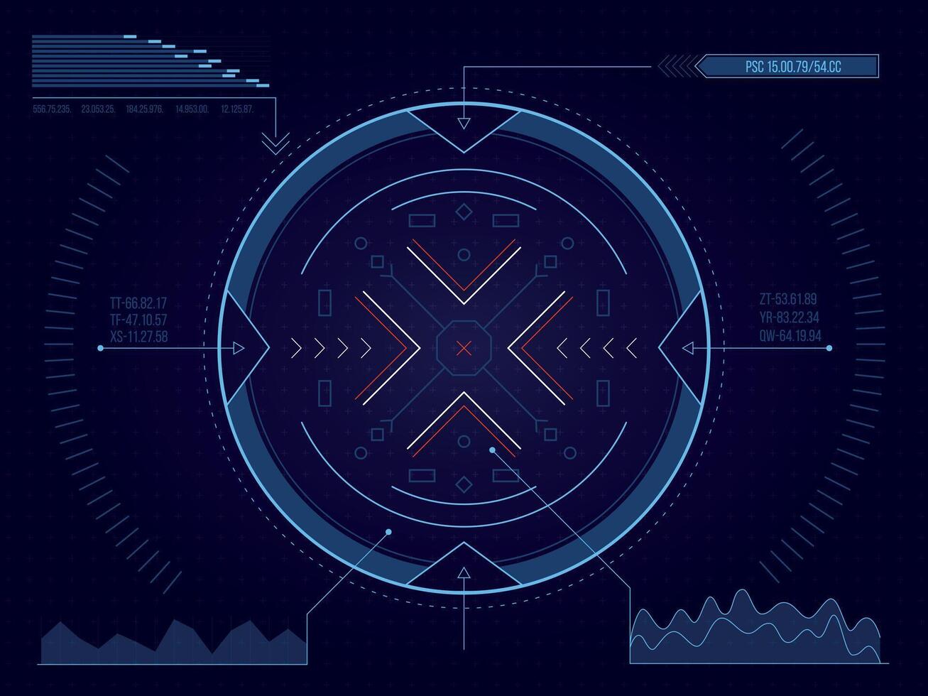 HUD target. Futuristic game interface framing for target focus, lock and aiming, sci-fi shooter game asset for collimator aim. Vector technology UI illustration