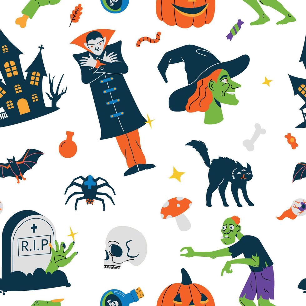 Halloween pattern. Seamless print with cute scary traditional symbols for october holiday decor packaging, cartoon spooky endless background. Vector texture