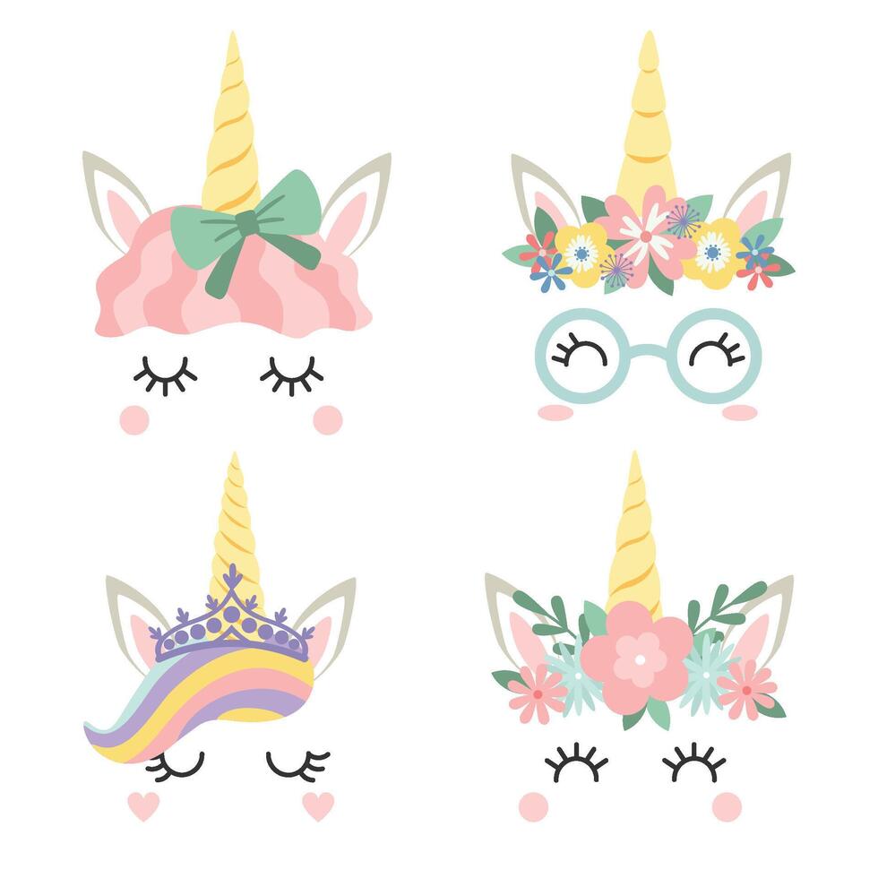 Unicorn face with flowers wreath, girly masks vector