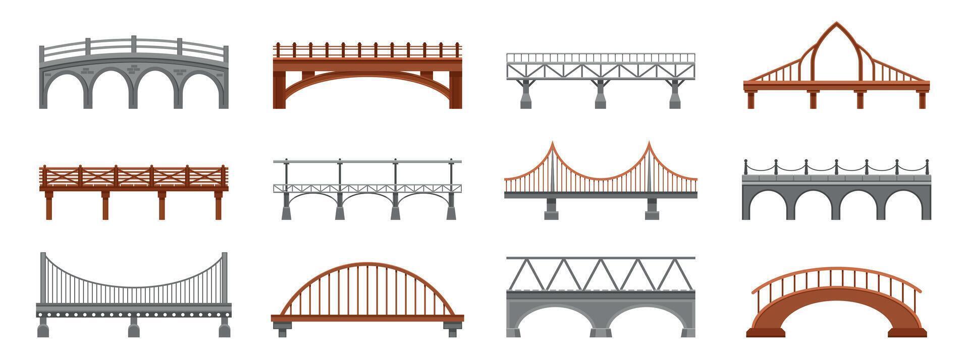 Bridge collection. Railway span iron wooden metal concrete stone footbridge, city industrial architectural construction cartoon flat style. Vector isolated set