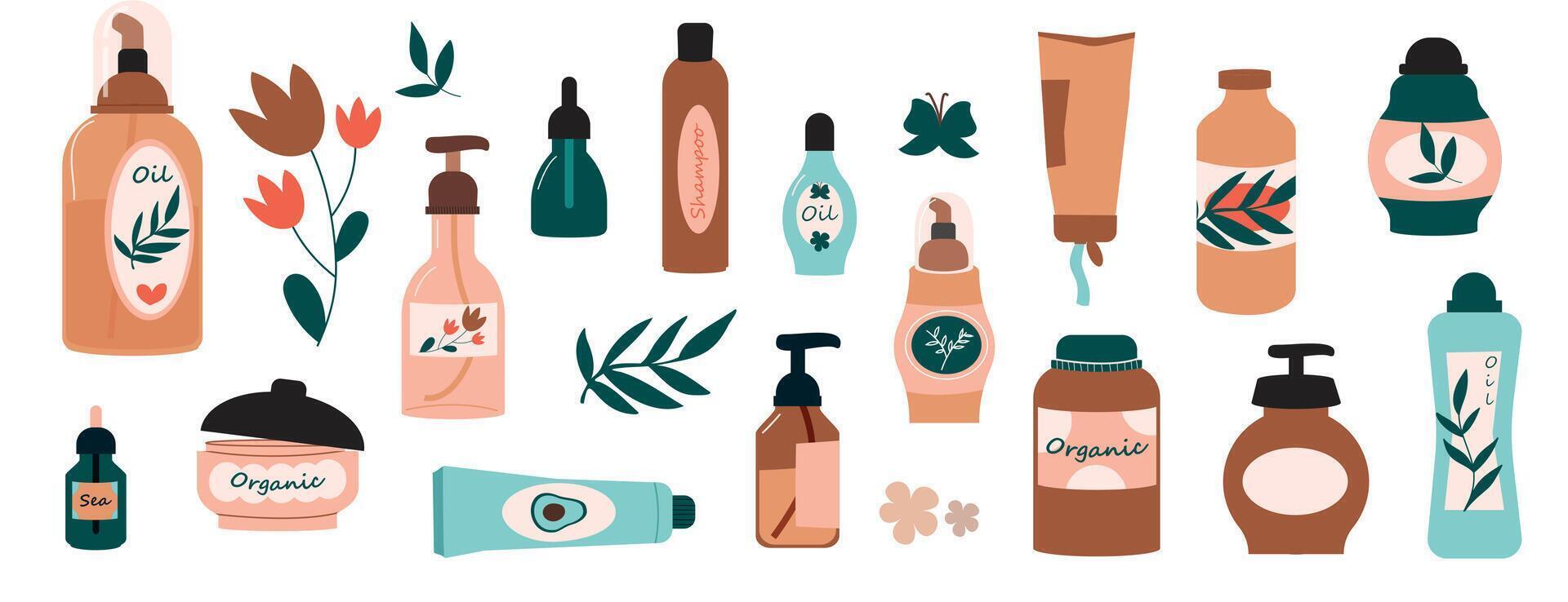 Organic make up packaging. Hand drawn cosmetic products and skin care natural treatment, glass bottles, paper tubes and glass jars. Vector scrub lotion and shampoo set