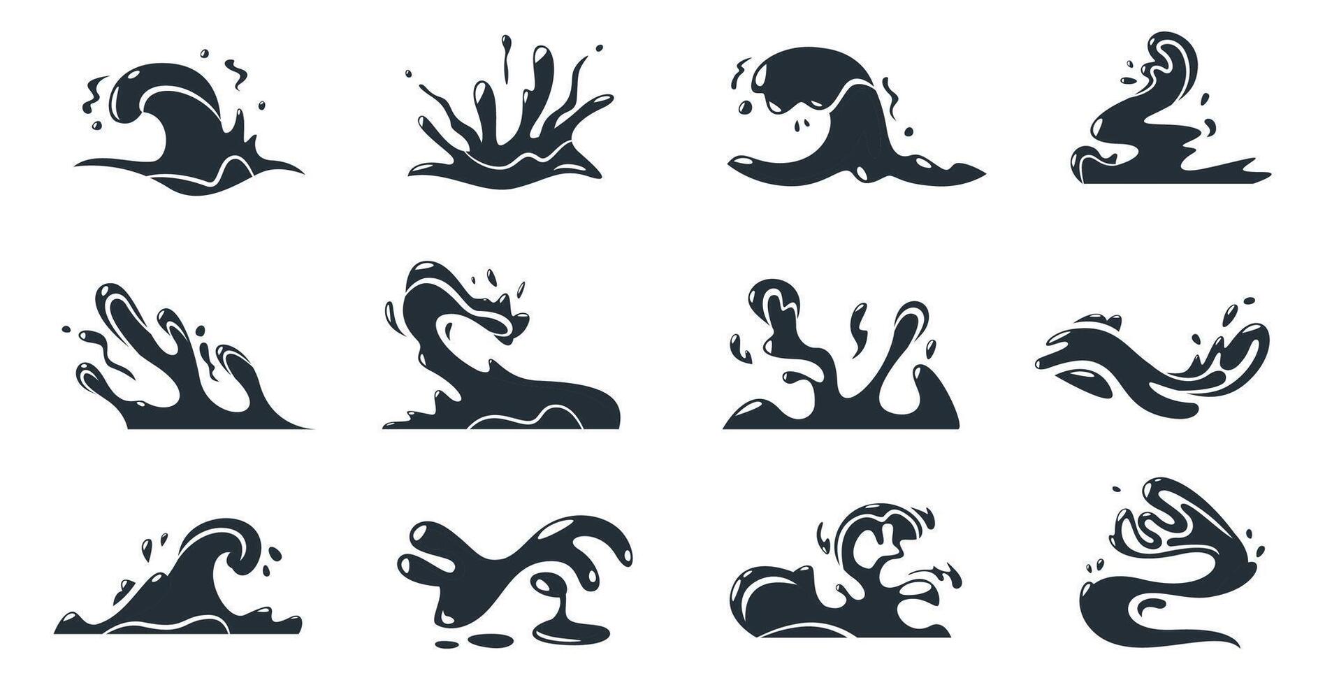 Cartoon wave silhouettes. Black stream splatter symbol and wet flow elements, abstract wind motion ocean waves. Vector isolated set