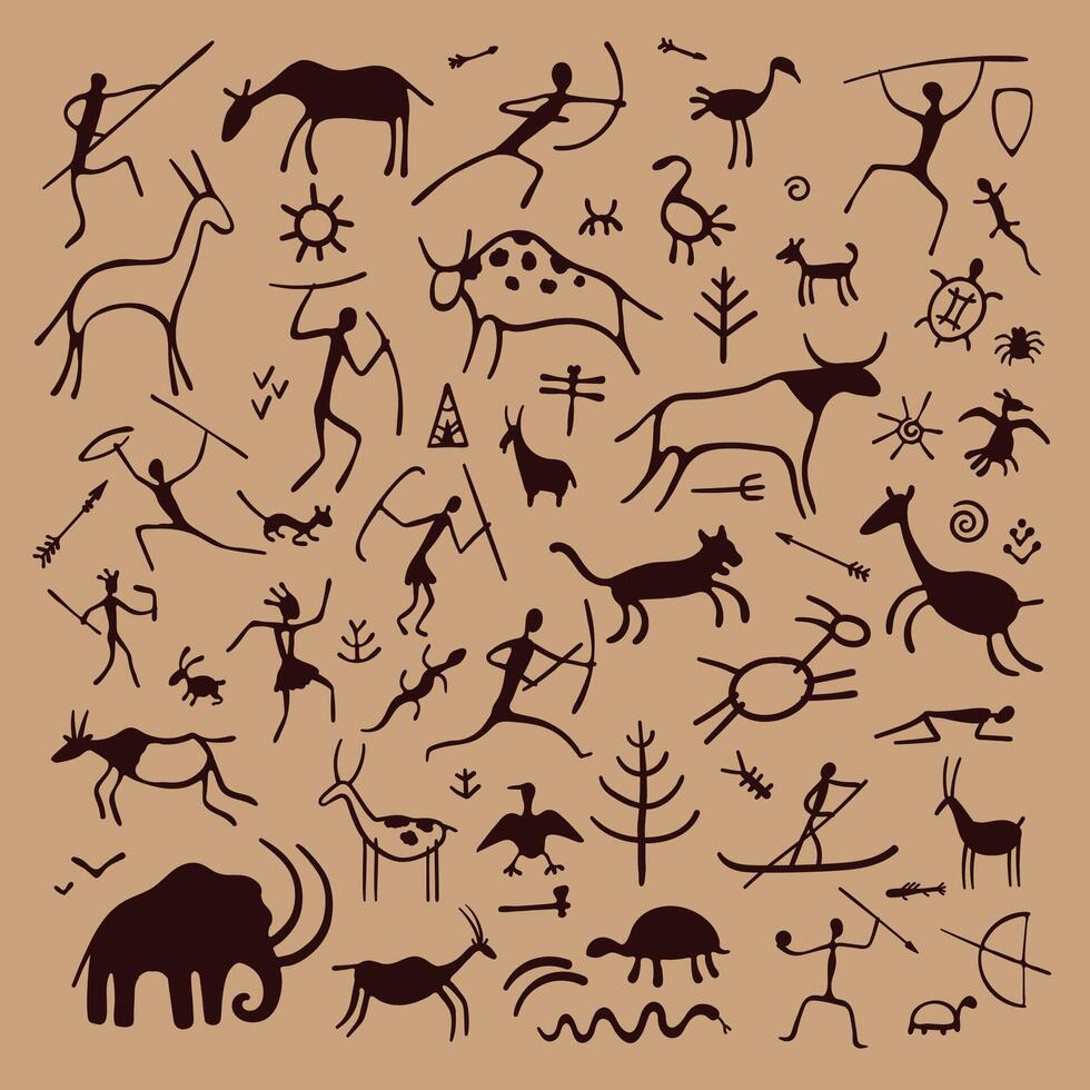 Rock painting. Primitive ancient caveman sketch, prehistoric symbols of hunters animals plants and ornaments on stone wall. Vector petroglyph prehistoric drawing