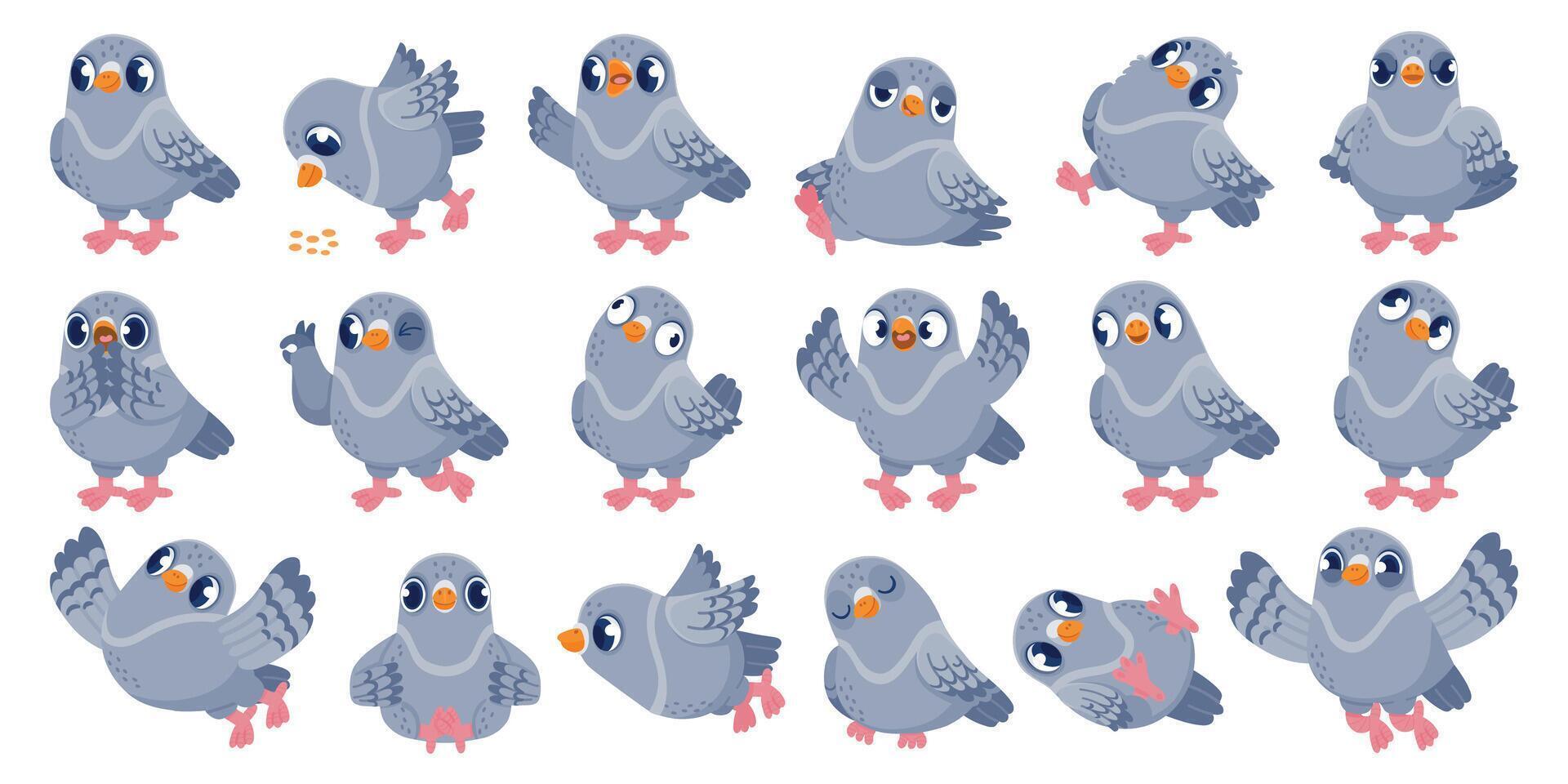 Cartoon pigeon. Funny bird character with various emotions in different poses, comic mascot clip art. Vector dove animal in flight isolated set