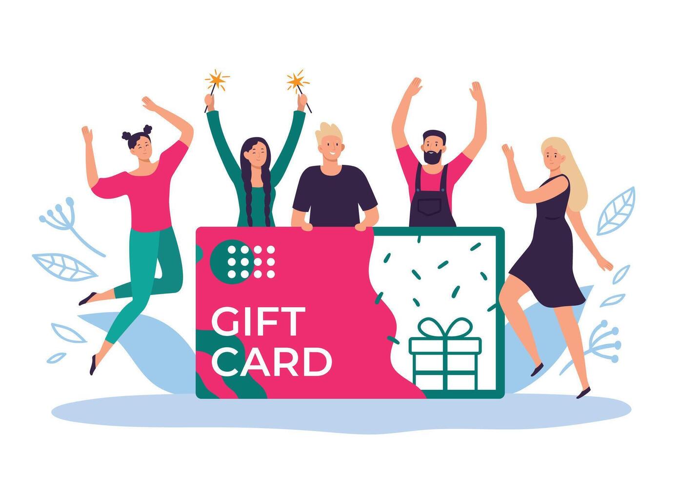 Happy people with gift card voucher enjoy vector