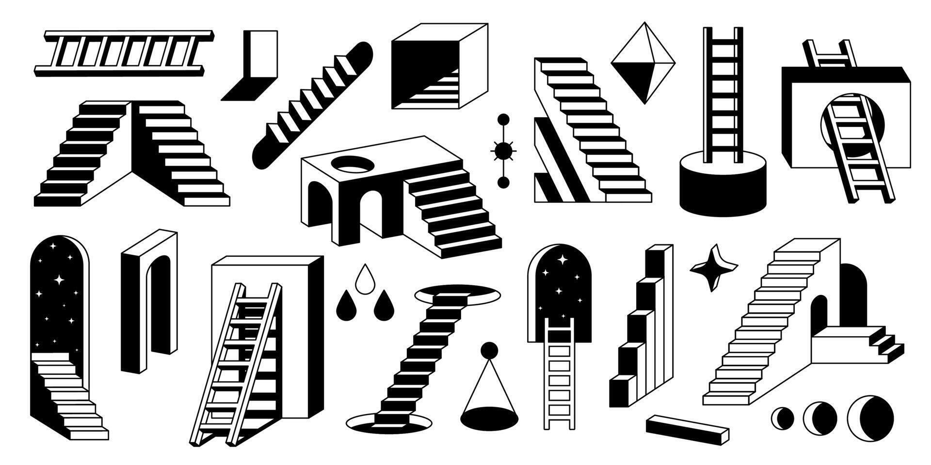 Surreal ladders. Abstract geometric elements of modern stairs, retro black monochrome stairs with geometric shapes. Vector isolated set