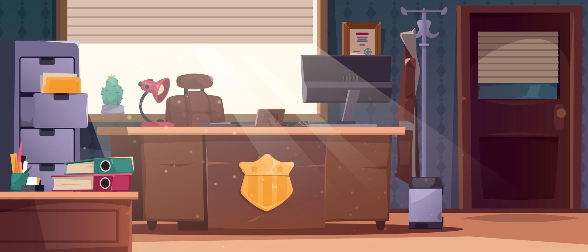 Detective office interior. Investigator cabinet room with clue evidence board, police department station inspector workplace flat style. Vector illustration