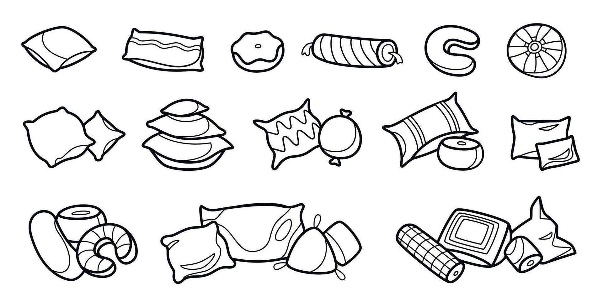 Outline pillows. Sketch of domestic fluffy cushion, comfortable bed textile doodle elements, soft home textile doodle flat style. Vector isolated set