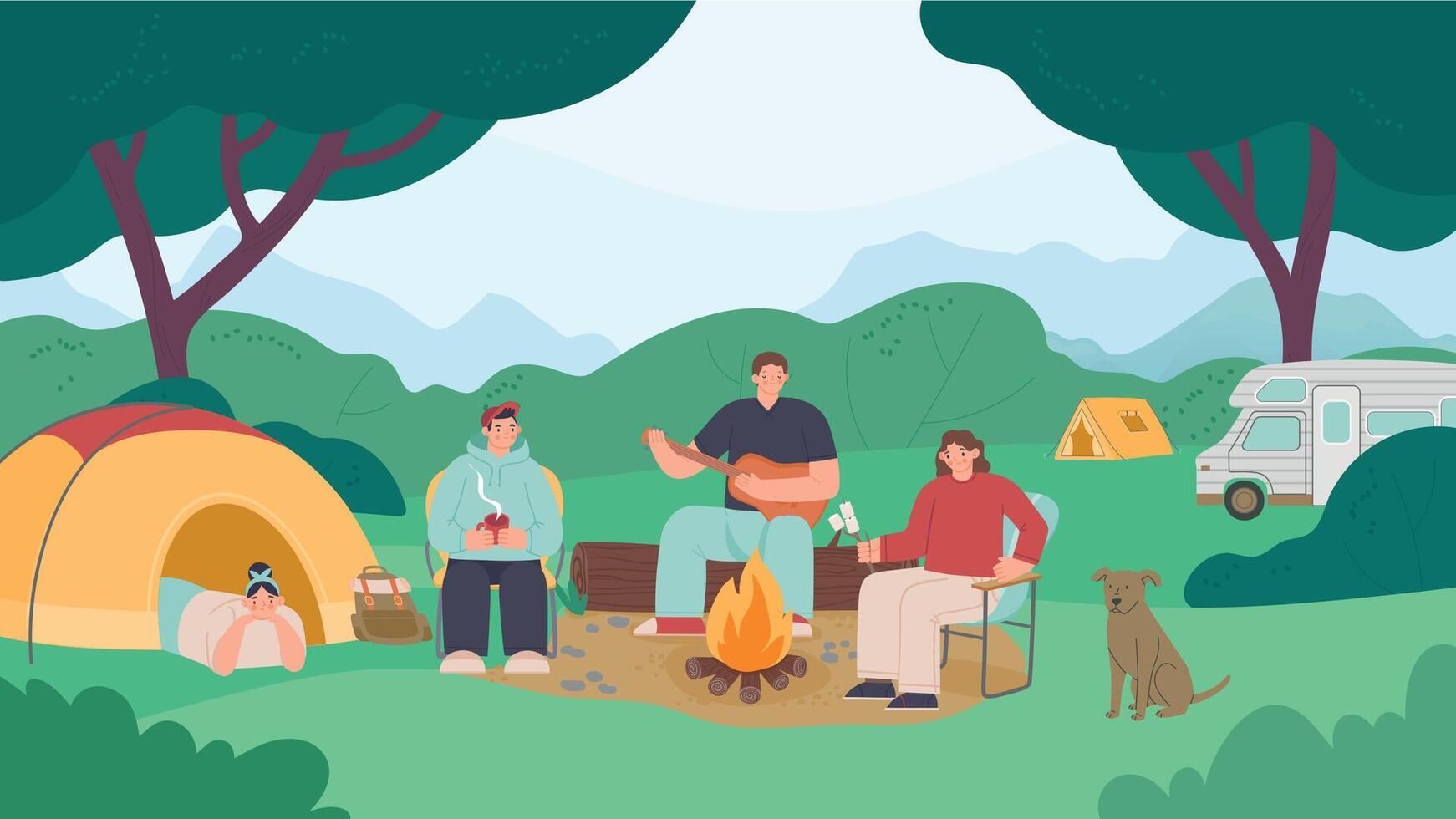 cámping personas paisaje. familia descansando fin de semana con barbacoa y hogar vector