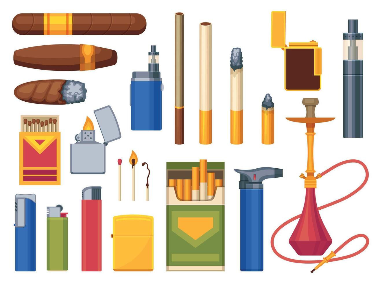 Smoker addiction collection. Cartoon cigarette, cigar and hookah with fire, tobacco and smoke accessories, habit product icons. Vector isolated set