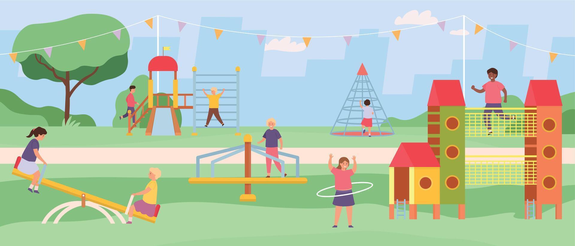 niños parque carruseles, columpios y juego módulos con diapositivas vector