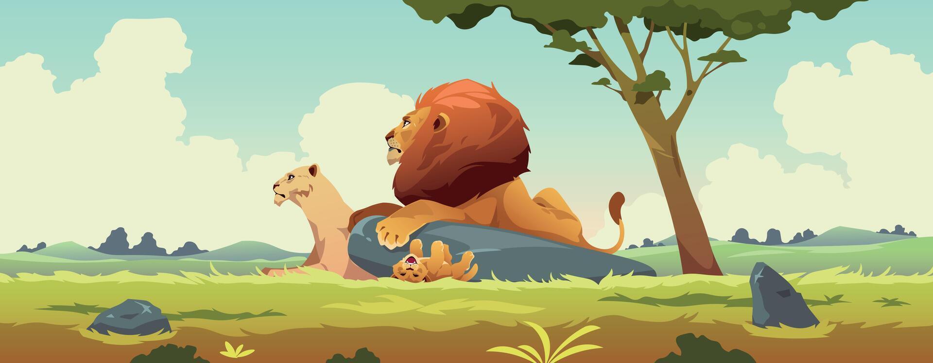 Lion family landscape. Cartoon wildlife background with lion cubs, king leo male and female feline animals in nature, zoo safari concept. Vector illustration