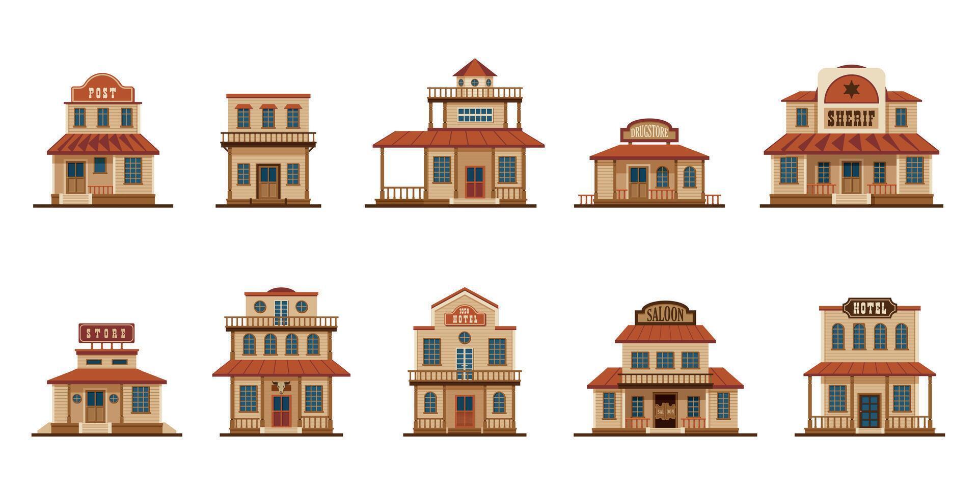 Cartoon western buildings. Wild west traditional country houses, old american town bank saloon motel architecture facade constructions. Vector set