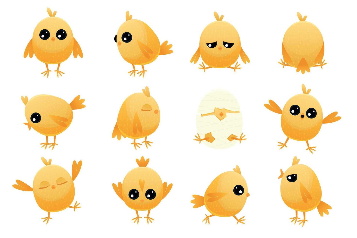 Cute cartoon chicken baby. Yellow farm poultry with beak and wings, simple happy animal characters with different emotions. Vector isolated set