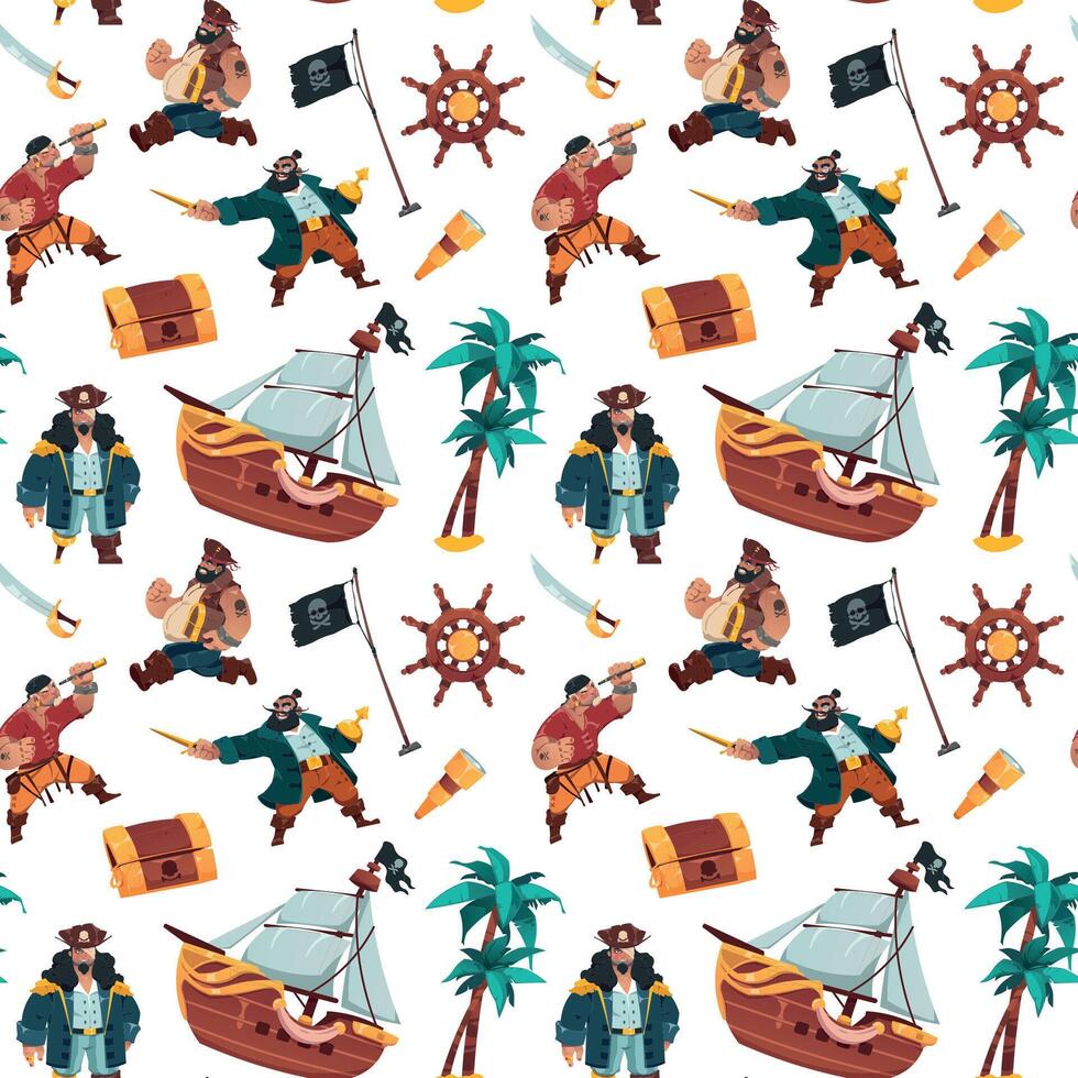 Pirates pattern. Cartoon seamless print of sailors and bandits in pirate costumes with weapon treasure chest and spyglass. Vector texture kids illustration characters