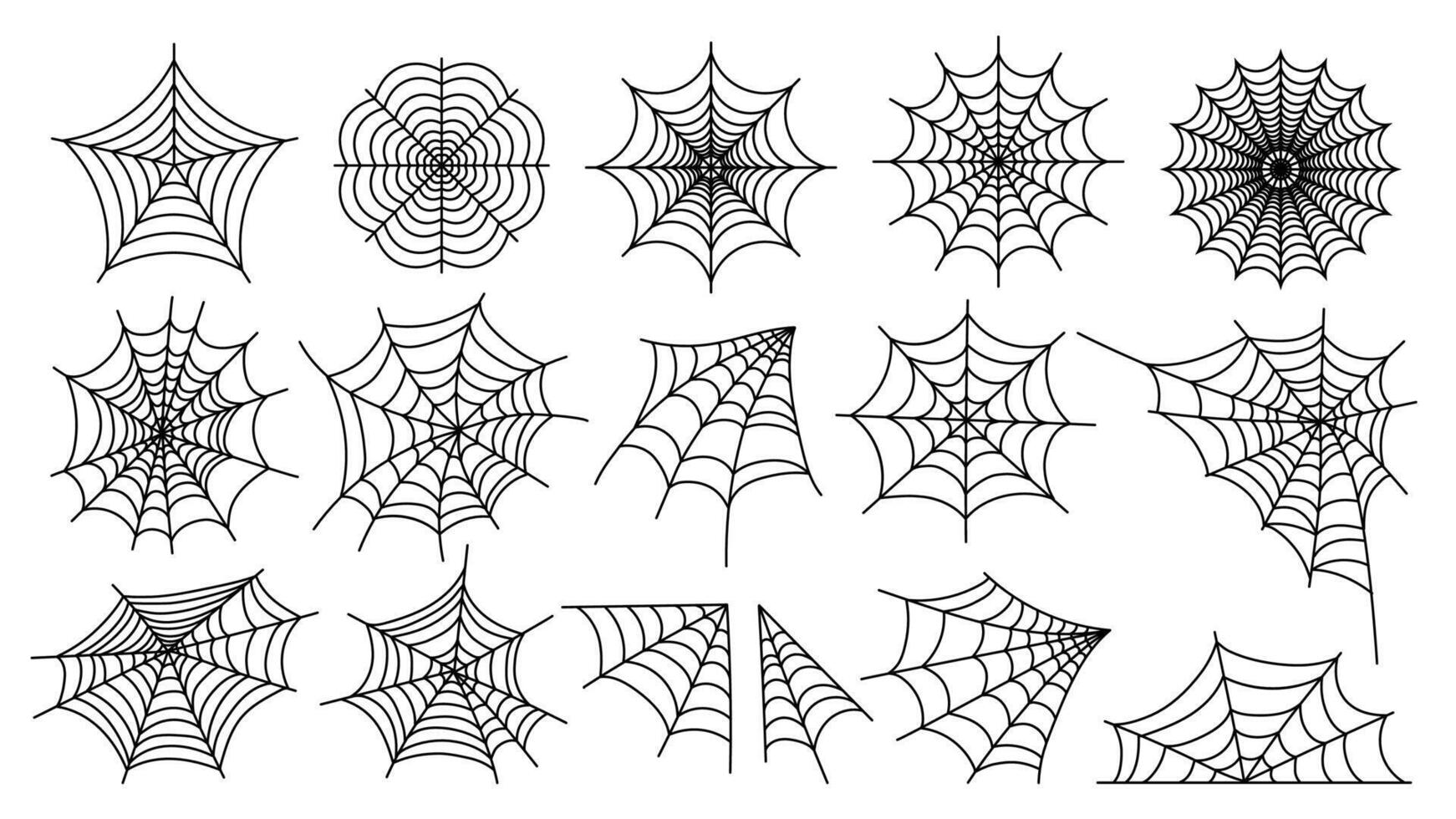 Spider web. Halloween cobweb silhouettes line sketch style, scary simple tangled net frame and corner for decoration. Vector isolated set