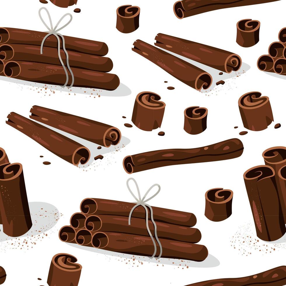 Cinnamon spice pattern. Seamless print of brown sticks of dried bark for baking, sweet aromatic culinary natural ingredient for food. Vector texture