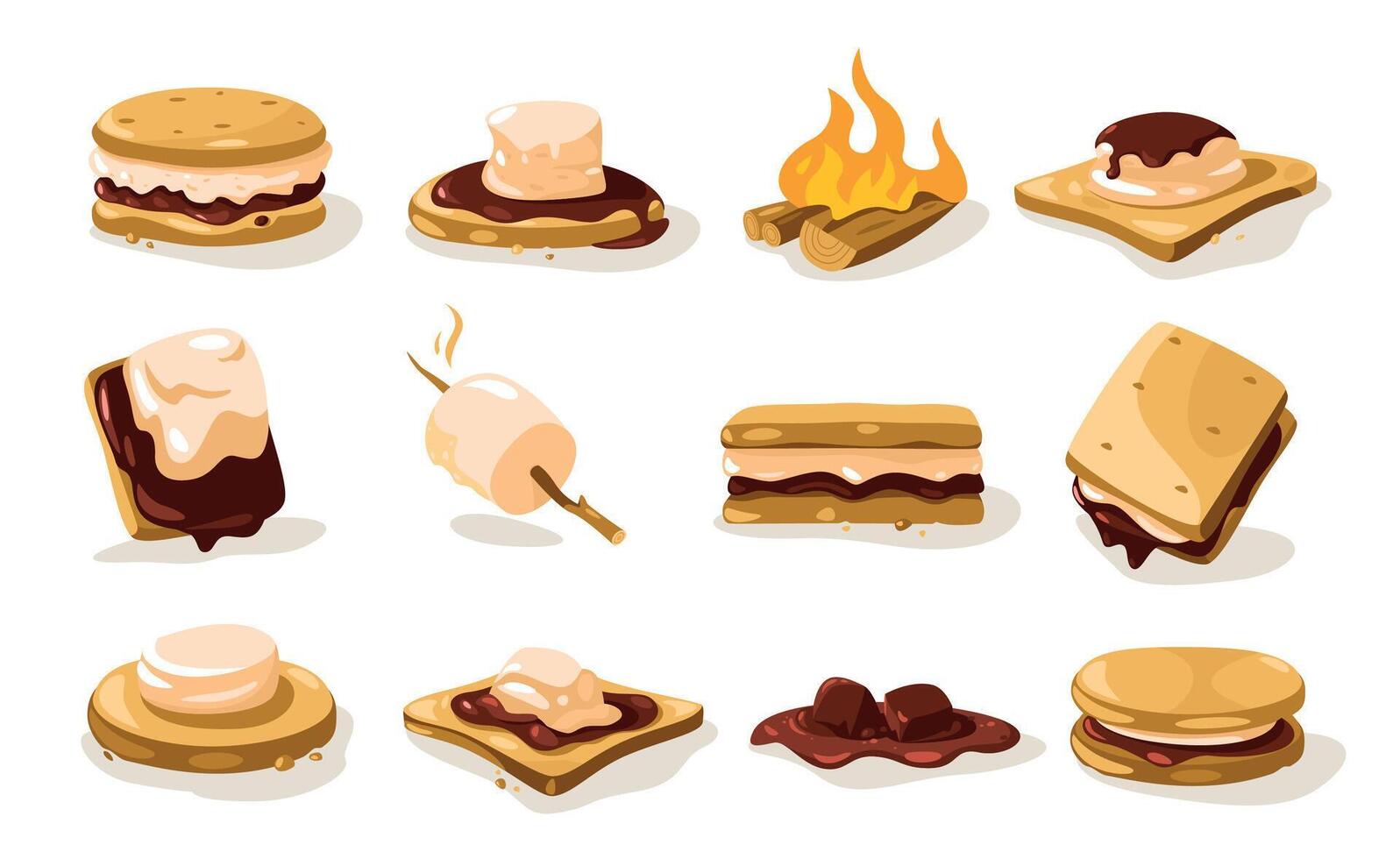 Smore set. Cartoon crispy roasted marshmallow sweet snack, yummy dessert with chocolate cookie mascots, summer campfire snack. Vector isolated collection
