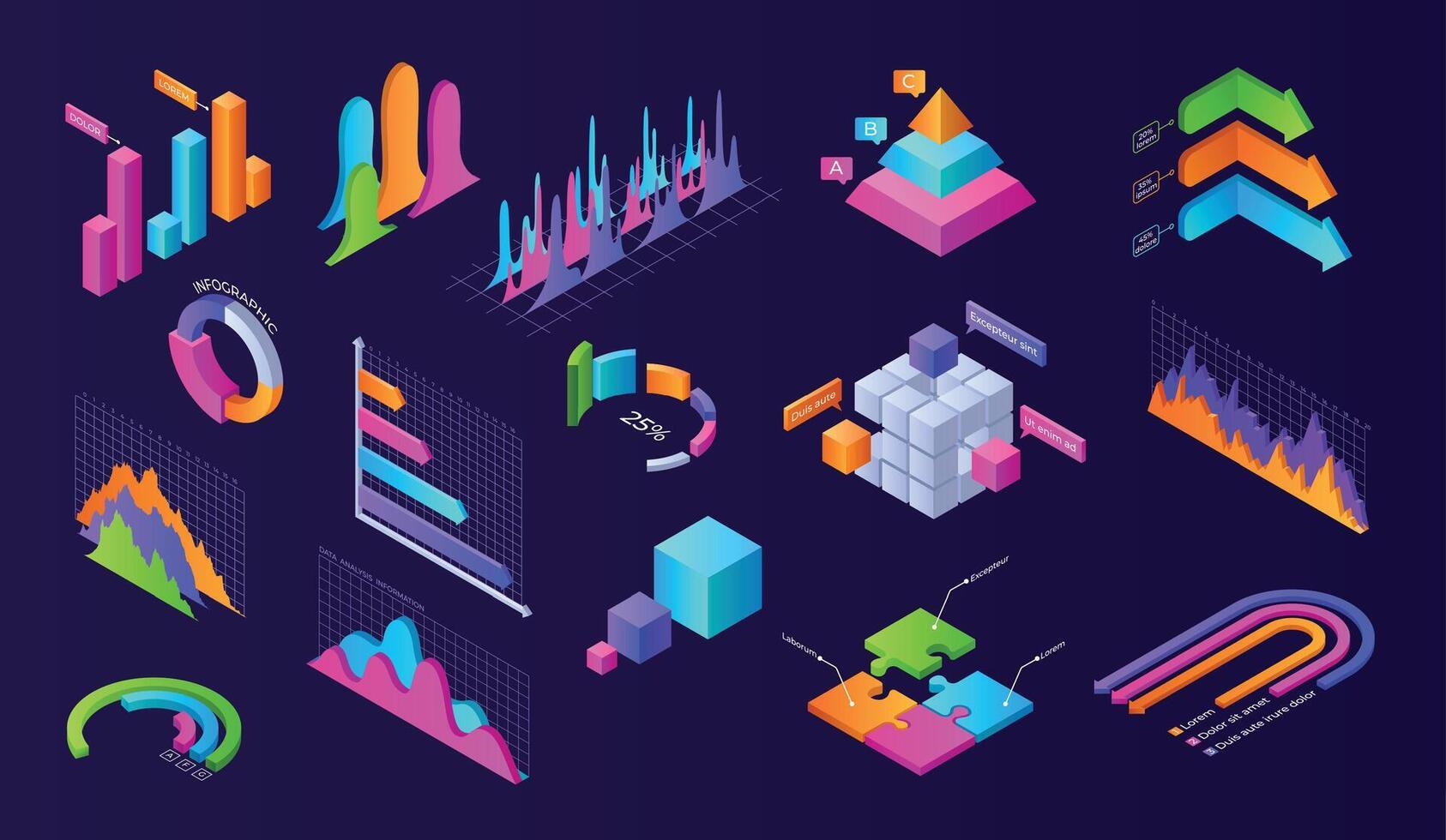 Dark isometric chart. 3d finance presentation layout with graphs charts diagrams and progress bars of volume figures. Vector business analytic graphic set