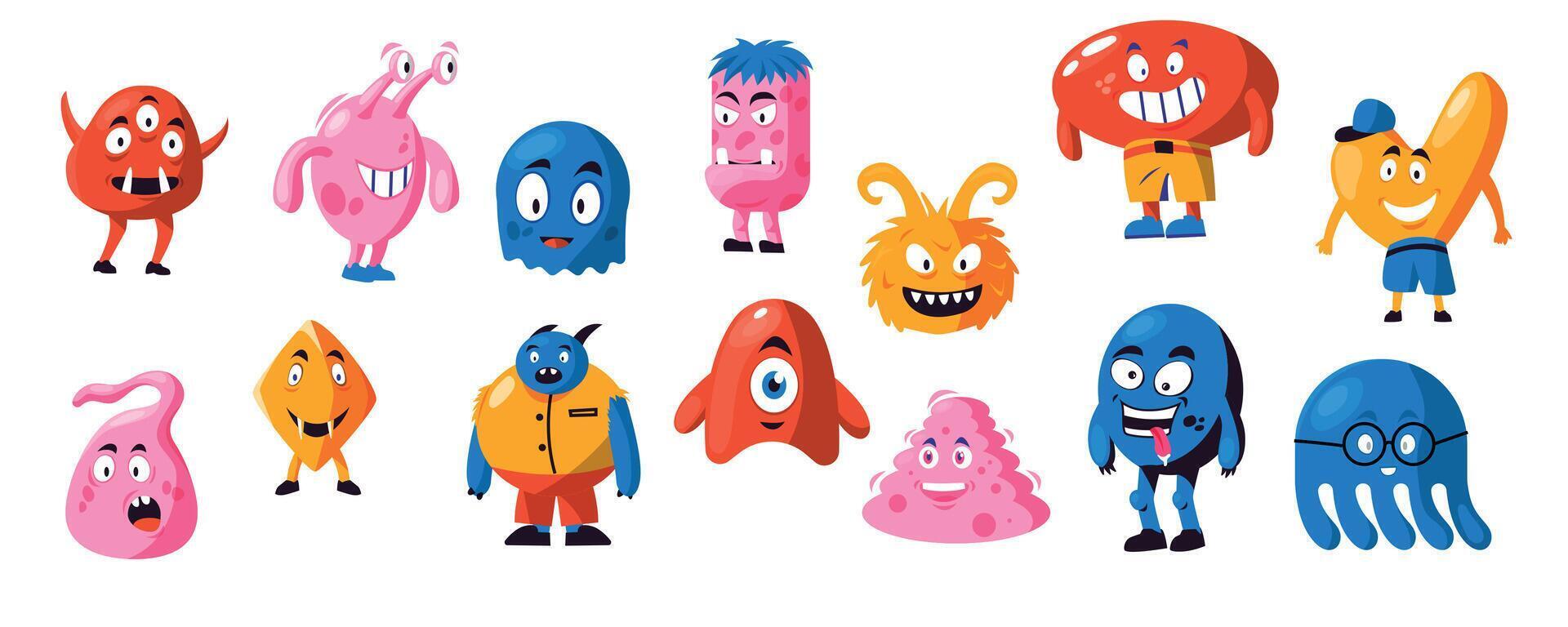 Funny monster shapes. Cute abstract monster faces with different emotions, whimsical kid characters with distorted faces and bodies. Vector isolated set
