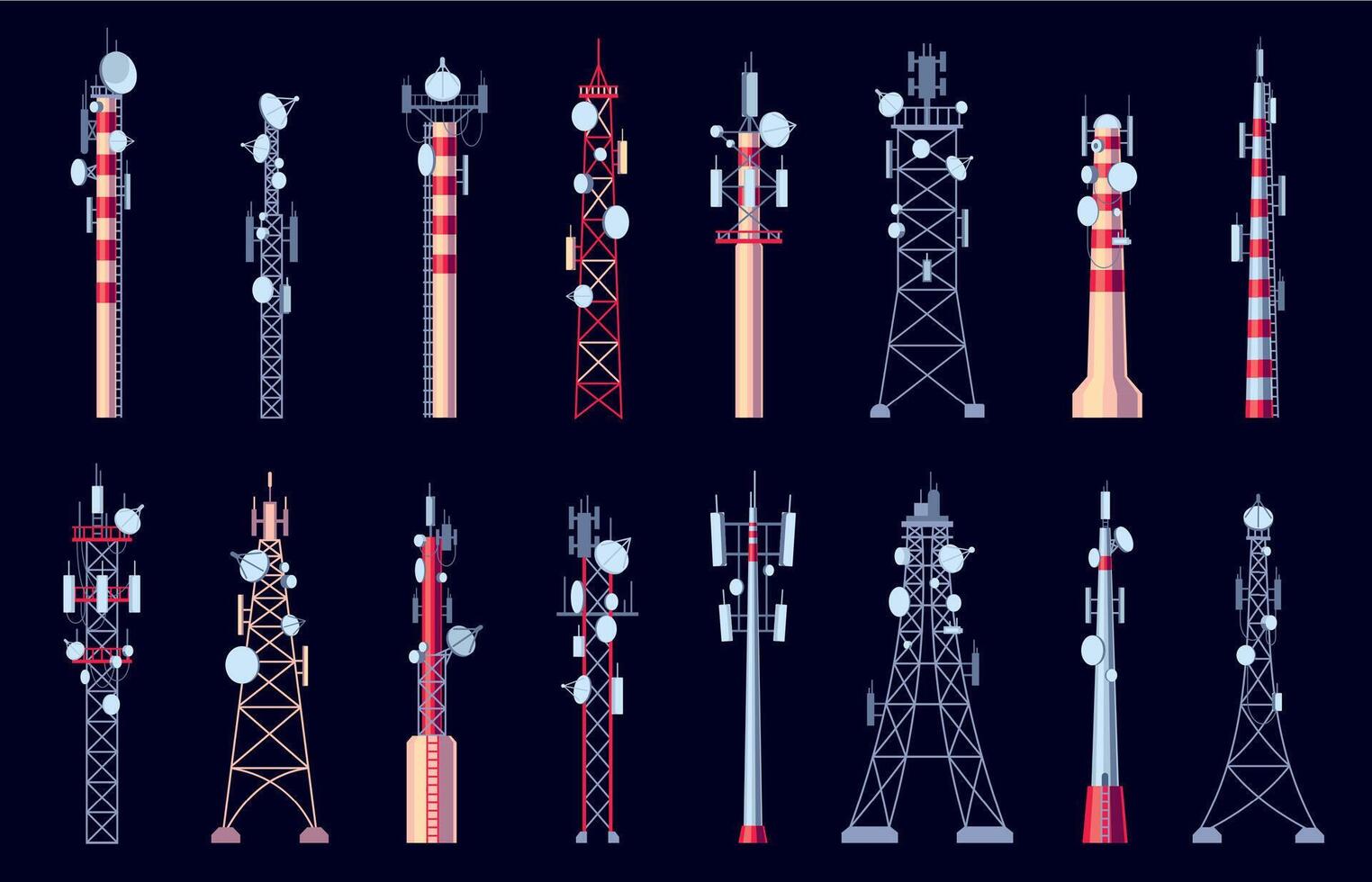 comunicación torre. telecomunicaciones relé antena con móvil teléfono señal, célula teléfono señal, Internet conexión, móvil banda ancha. vector ilustración