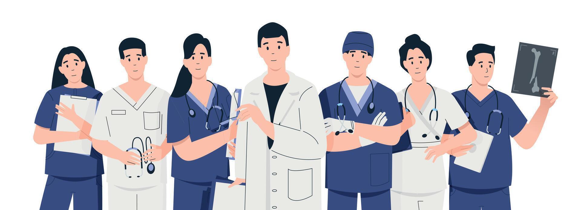 Doctors team. Cartoon characters in medical uniform, doctor nurse dentist doctor assistant characters in healthcare career, healthcare concept. Vector set