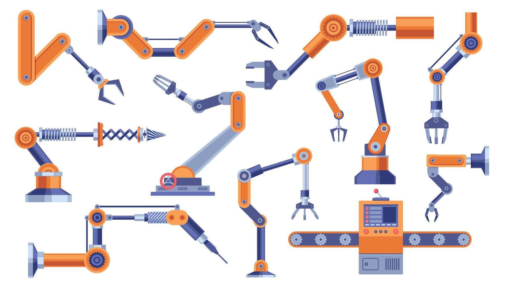 industrial robot brazo. robótico electrónico mano manipulador con máquina partes, automatización proceso coche fabricación concepto. vector plano conjunto